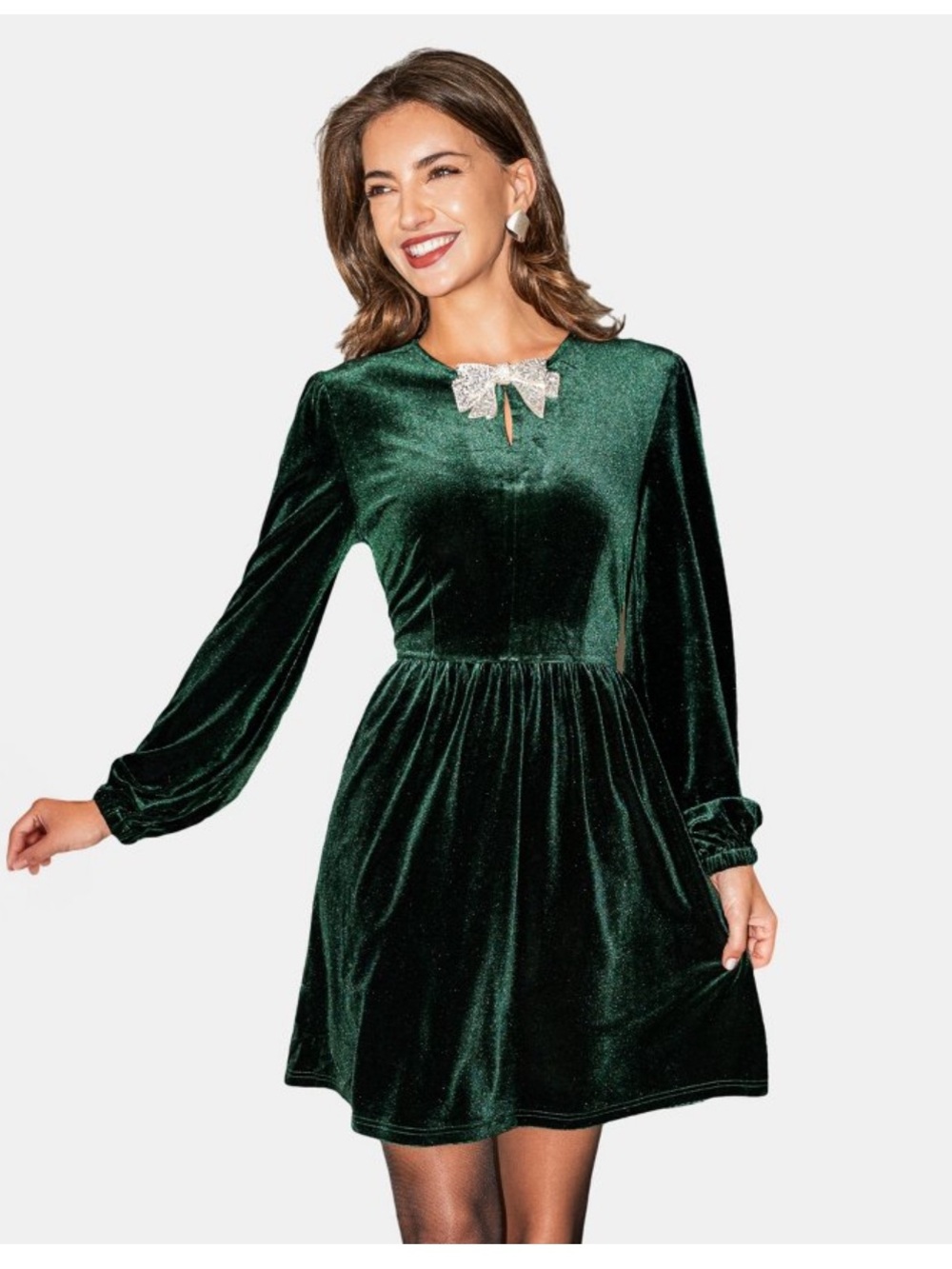 Cupshe Green Velvet Long-Sleeve Green Dress with Rhinestone Bow Accent